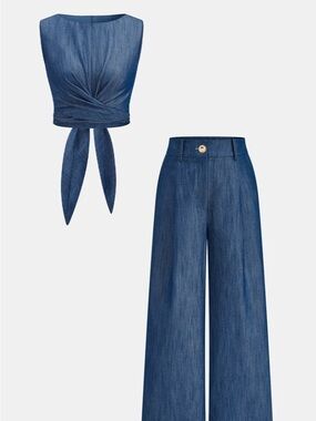 Commense Denim Blue Tie-Front Crop Top with Wide-Leg Pants